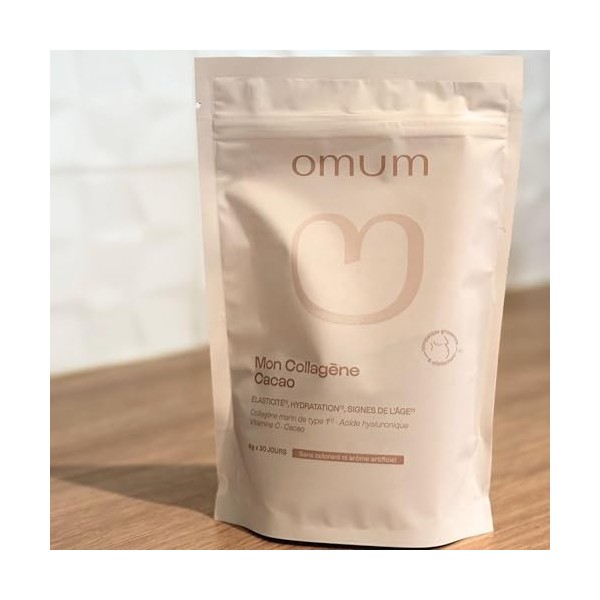 OMUM - Mon Collagène Cacao Elasticité Hydratation Anti-Age - 180 gr 1 mois - Complément Acide Hyaluronique, Vitamines C, Coll