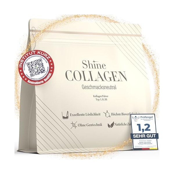 Collagène Shine Premium - Peptides de Collagène Pur 100% Type 1, 2, 3 Poudre Hydrolysée Hautement Soluble Sans Goût Anti-âge