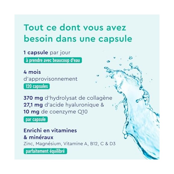 Collagene Marin + Acide Hyaluronique & Q10, 120 Capsules, Enrichi en Zinc, Magnésium, Vitamines B12, D3, A & C, Complexe Coll