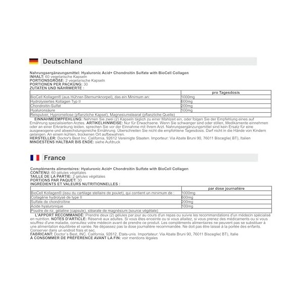 Doctors Best -Acide hyaluronique + chondroïtine sulfate avec BioCell collagène | Soutien pour les articulations et la santé 