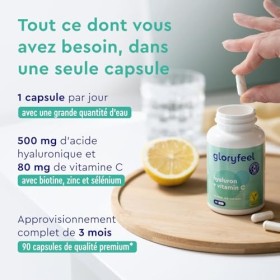 Acide Hyaluronique Breveté avec Vitamine C, Biotine, Sélénium, + Zinc, Pour le Système Immunitaire, Peau, Cheveux et Ongles*,