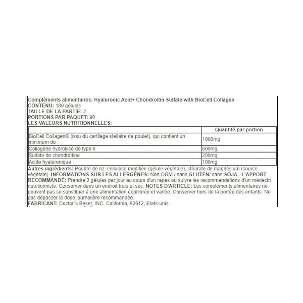 Doctors Best Acide Hyaluronique et Sulfate de Chondroïtine avec BioCell Collagen - Soutien Articulaire et Cutané - 180 Gélul