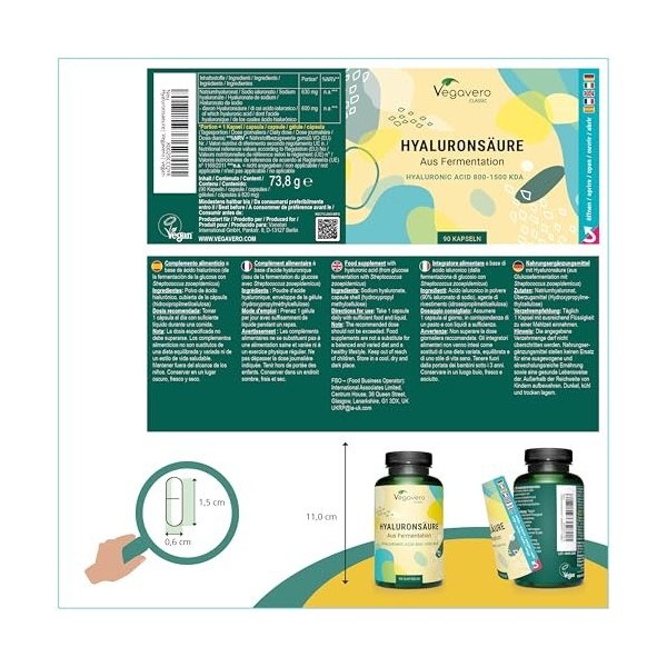 Acide Hyaluronique Pur Vegavero® 600 mg | 100% Naturel | 90 Gélules | VEGAN & Sans Additifs Artificiels | Anti-âge et Articul