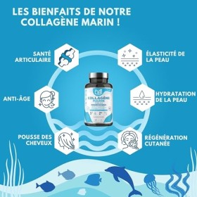 Collagène Marin Hydrolysé Type 1 et 2 + Acide Hyaluronique + Biotine & Coenzymes Q10 + Vitamines C, A, E, B9 - Cure 2 Mois, 6