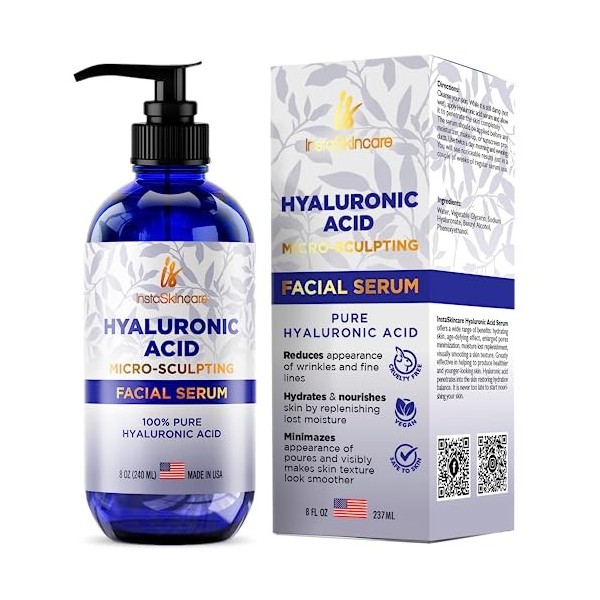 InstaSkincare Sérum à lacide hyaluronique pour la peau, 100 % de qualité médicale pure, résistance clinique, formule anti-âg