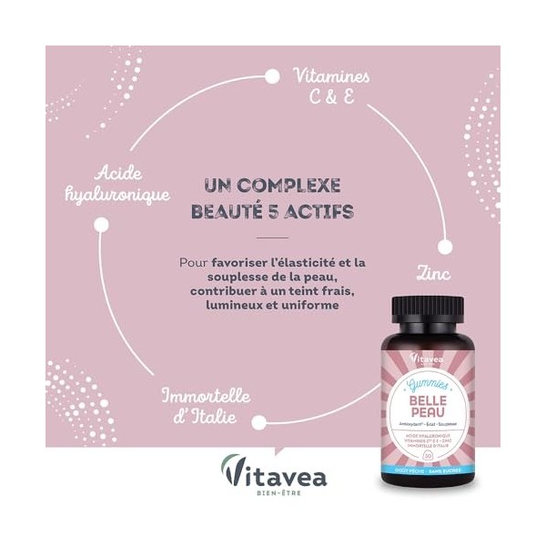 VITAVEA BIEN-ETRE - Gummies Belle Peau - Acide hyaluronique, Vitamine C, Vitamine E, Zinc et Immortelle dItalie - Triple act