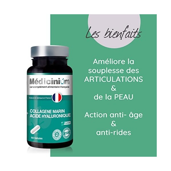 COLLAGENE MARIN hydrolysé naturel + ACIDE HYALURONIQUE + Coenzyme Q10 + Vitamine A, 60 gélules, action sur les articulations 