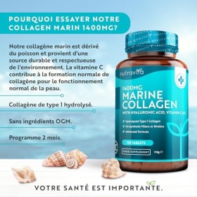 Collagene Marin + Acide Hyaluronique 1400mg avec Vitamine C Vitamine E Biotine Zinc et Cuivre - 120 Comprimés pour 2 Mois, Co