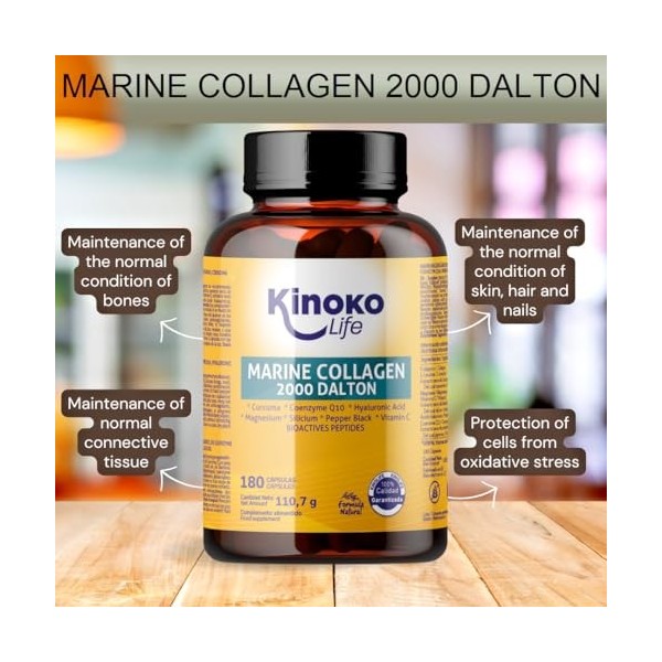 KINOKO LIFE - Collagene Marin Acide Hyaluronique | 180 Capsules, Extraits de plantes, Coenzyme Q10, Vitamine C, Magnésium, Le