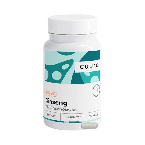 Panax Ginseng Blanc Asiatique - CUURE - Actif Breveté Ginselect® - 60 gélules -Titré à 7% en Ginsénosides - Fonction Cognitiv