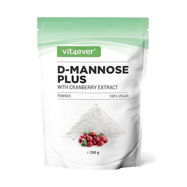 Poudre de D-mannose avec cranberry - 250 grammes de poudre à dissoudre dans leau - 100 jours dautonomie - avec cuillère dos