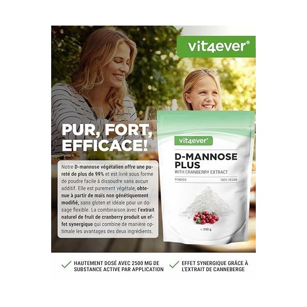 Poudre de D-mannose avec cranberry - 250 grammes de poudre à dissoudre dans leau - 100 jours dautonomie - avec cuillère dos