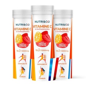 NUTRI & CO Vitamine C 1000mg & Bioflavonoïdes - 45 jours - 100% Pure & Clean - Goût Citron-Fraise - Lot de 3x 15 comprimés ef