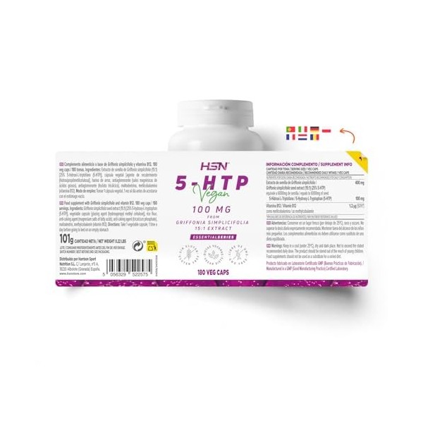 HSN 5-HTP 100mg | 180 Gélules Végétales | équivalent à 3000mg dExtrait de Graine de Griffonia simplicifolia | 5 HTP 5-hydro