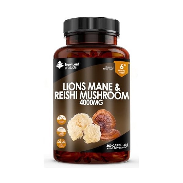 New Leaf Capsules de crinière de lion et champignon Reishi – Complément alimentaire haute résistance 4000 mg avec Reishi – 36