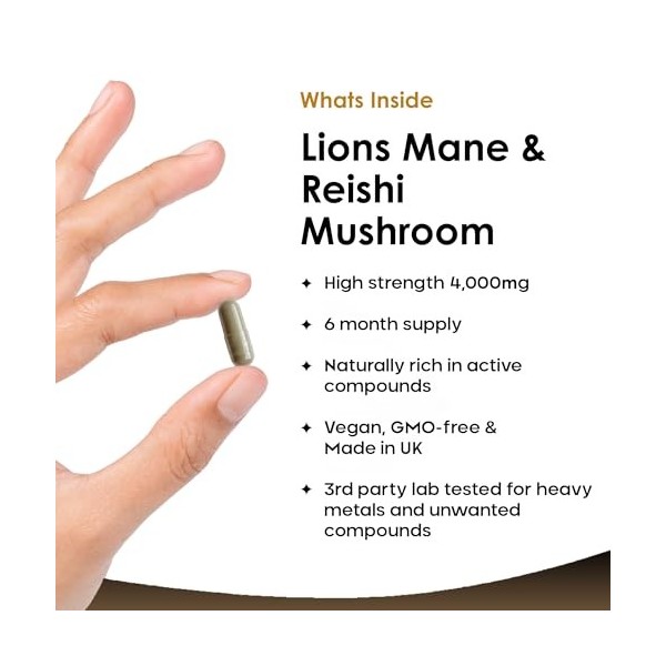 New Leaf Capsules de crinière de lion et champignon Reishi – Complément alimentaire haute résistance 4000 mg avec Reishi – 36