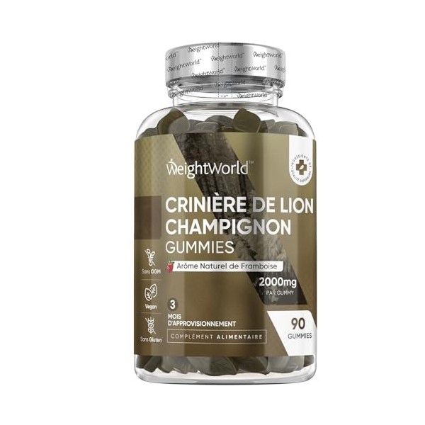 Lions Mane Champignon Gummies 2000mg, 90 Gummies Vegan À LArôme Naturel de Framboise Pour 3 Mois dApprovisionnement, Extrai