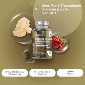 Lions Mane Champignon Gummies 2000mg, 90 Gummies Vegan À LArôme Naturel de Framboise Pour 3 Mois dApprovisionnement, Extrai