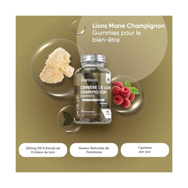 Lions Mane Champignon Gummies 2000mg, 90 Gummies Vegan À LArôme Naturel de Framboise Pour 3 Mois dApprovisionnement, Extrai