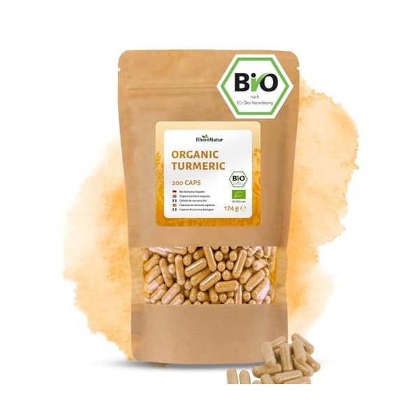 RheinNatur Lot de 200 gélules de curcuma bio - 4500 mg par dose quotidienne - Racine de curcuma finement moulue dans une enve