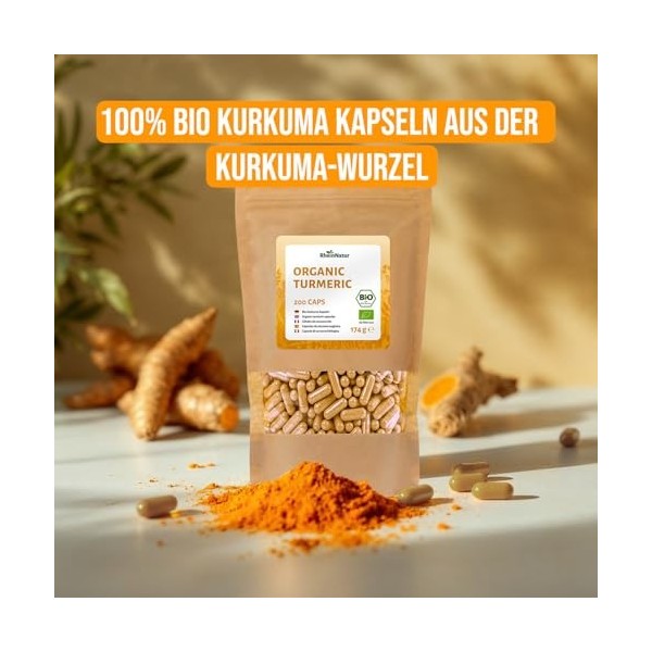 RheinNatur Lot de 200 gélules de curcuma bio - 4500 mg par dose quotidienne - Racine de curcuma finement moulue dans une enve