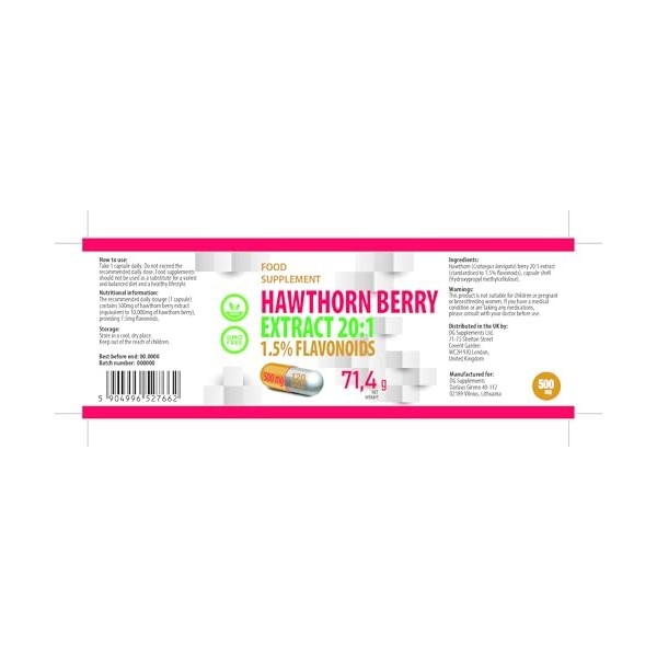 Baie daubépine Hawthorn Berry 5,000mg équivalent 500mg dextrait 10:1 120 gélules végétaliennes, 1,5% de flavonoïdes, te