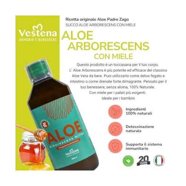 VESTENA Aloe Arborescens Père Zago - Jus Frais dAloe Arborescens Miller, Formule du Père Romano Zago, Puissant Jus de Gel d