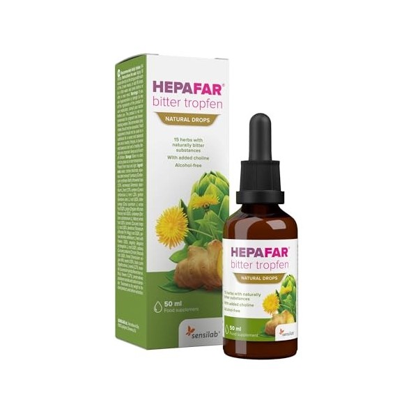 Hepafar Bitter Tropfen 50 ml, 15 herbes, Choline, Artichaut, Curcuma, Pissenlit, Lavandin, Natural Digestive Bitters by Sensi