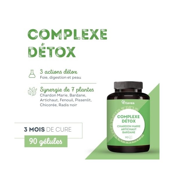 Complexe Détox - Detox Foie, Peau Saine, Santé Digestive - Chardon Marie, Artichaut, Bardane, Pissenlit, Radis Noir - 7 Actif