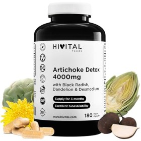 Artichaut Detox 4000 mg. 180 gélules végétaliennes pour 3 mois. A base dArtichaut, de Radis Noir, de Pissenlit et de Desmodi