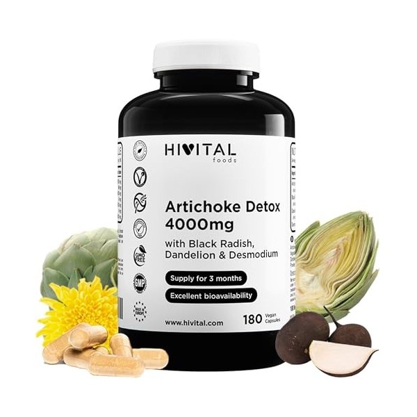 Artichaut Detox 4000 mg. 180 gélules végétaliennes pour 3 mois. A base dArtichaut, de Radis Noir, de Pissenlit et de Desmodi