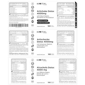 Artichaut Detox 4000 mg. 180 gélules végétaliennes pour 3 mois. A base dArtichaut, de Radis Noir, de Pissenlit et de Desmodi