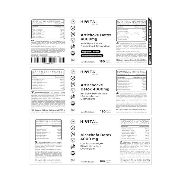 Artichaut Detox 4000 mg. 180 gélules végétaliennes pour 3 mois. A base dArtichaut, de Radis Noir, de Pissenlit et de Desmodi