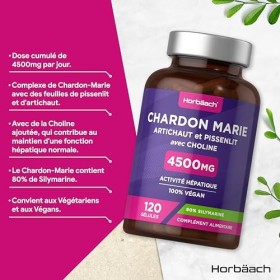 Chardon Marie Gelules 4500mg | 80% Silymarine | 120 Gélules | Complexe Chardon Marie, Pissenlit et Artichaut | Complément Ali