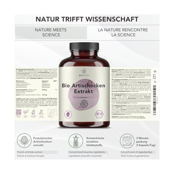 BIONUTRA® Artichaut en extrait BIO | 270 gélules de 700 mg | 2,5% de cynarine | 3 mois de consommation | Agriculture biologiq