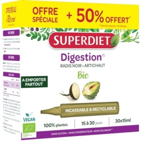 SUPERDIET- RADIS NOIR, ARTICHAUT BIO - Digestion facile & Transit naturel - Format nomade & éco - 30 Unidoses de 15 ml