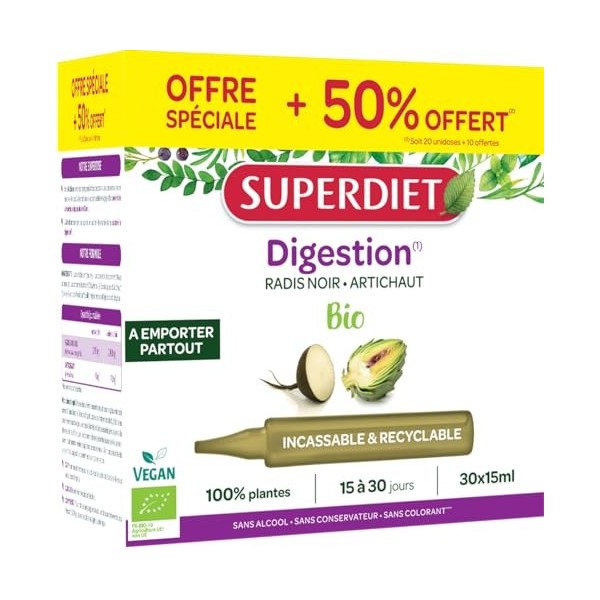 SUPERDIET- RADIS NOIR, ARTICHAUT BIO - Digestion facile & Transit naturel - Format nomade & éco - 30 Unidoses de 15 ml