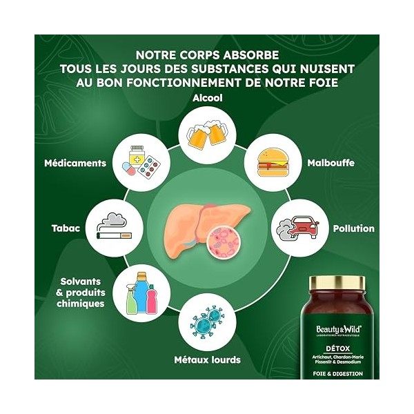 DÉTOX FOIE - Complément Alimentaire d’Artichaut, Chardon-Marie, Pissenlit - Confort Digestif, Protège le Foie, Draineur, Inte
