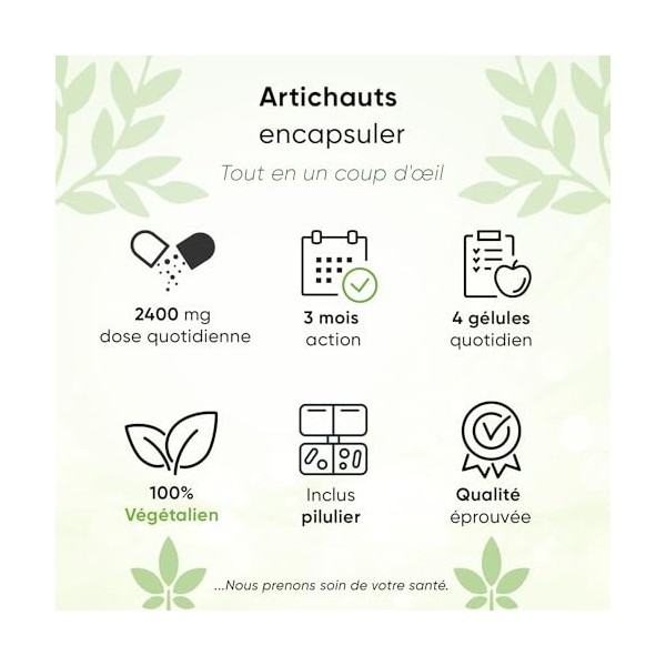 Extrait dartichaut | 365 gélules | Extrait 30:1 -72.000 mg dartichaut | 5% cynarine 120 mg | 2400 mg portion journalièr