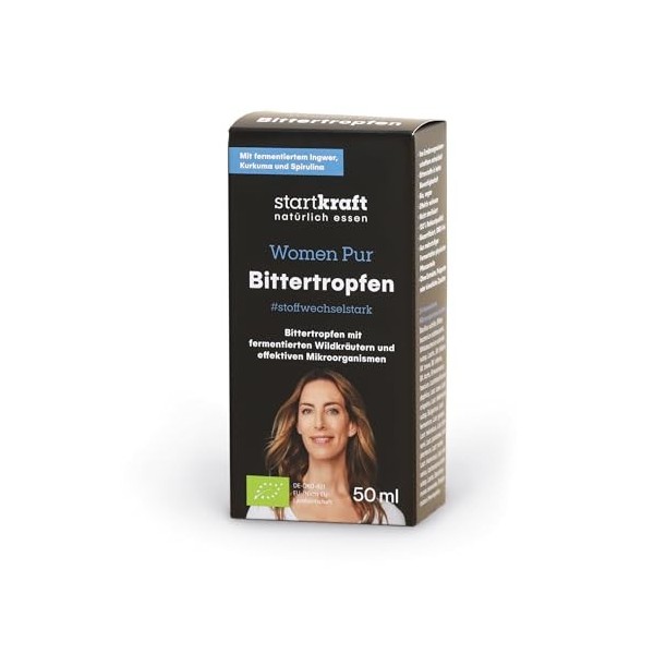 startkraft Women Pur Gouttes amères sans alcool 50 ml – 24 souches de micro-organismes fermentées – Gouttes de substances amè