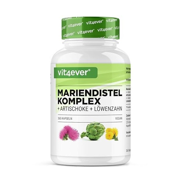 Chardon-Marie Artichaut Pissenlit Complexe - 365 gélules 6 mois dapprovisionnement - Hautement dosé avec 80% de silymarine