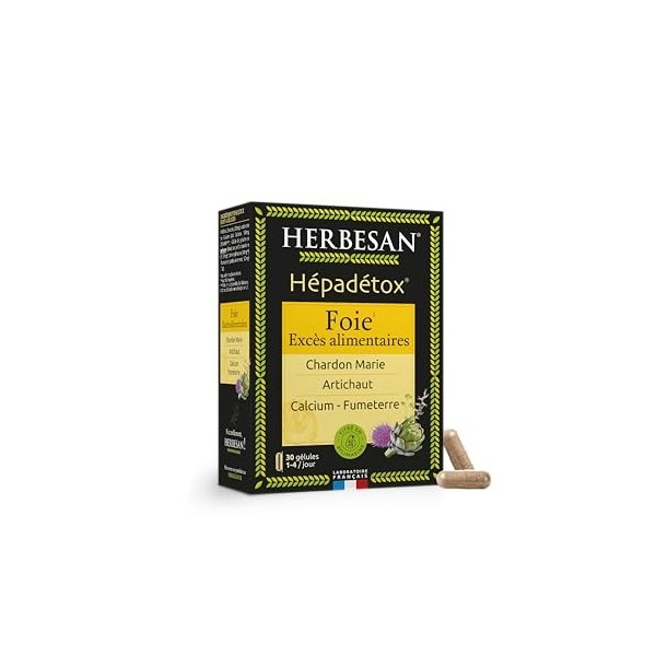 HERBESAN®- HÉPADETOX - Bien-être du foie, Excès alimentaire- Titré en sylimarine : 42 mg - Complexe de 3 plantes, Calcium et
