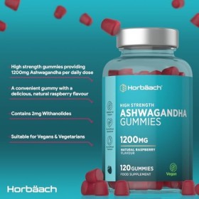 Ashwagandha Gummies 1200mg | 120 Vegan Gummies Saveur Framboise | pour 2 Mois | Extrait Ashwagandha Withania Somnifera | par 