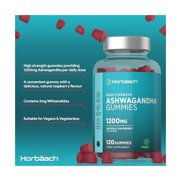 Ashwagandha Gummies 1200mg | 120 Vegan Gummies Saveur Framboise | pour 2 Mois | Extrait Ashwagandha Withania Somnifera | par 