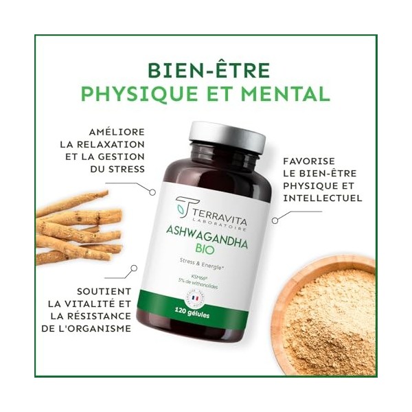 ASHWAGANDHA BIO KSM-66® | Dosage Extra Fort 1200 mg | 5% de Withanolides | Sommeil, Vitalité, Stress & Mémoire | Sans Excipie