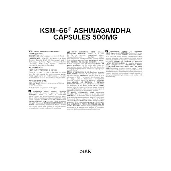 Bulk Capsules dashwagandha KSM-66, 500 mg, 500 mg, paquet de 30