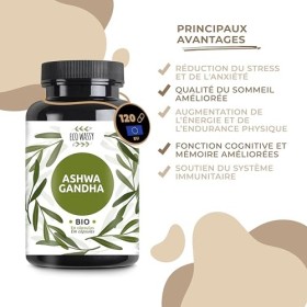 Ashwagandha Biologique, 120 Capsules Haute Puissance. Végétalien, 100% Naturel et Pur. Sans Additifs | Bien-être Mental et Ph