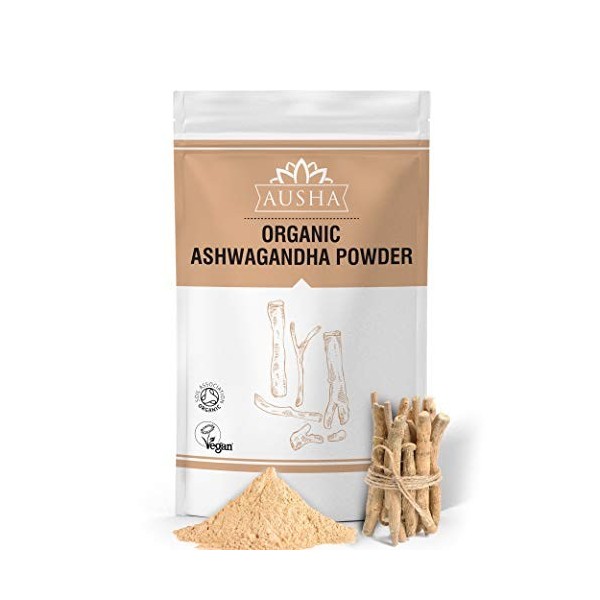 AUSHA Poudre dAshwagandha biologique 100g | Cru, soulagement du stress et de lanxiété, énergie, aide au sommeil, adaptogène