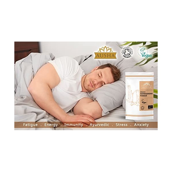 AUSHA Poudre dAshwagandha biologique 100g | Cru, soulagement du stress et de lanxiété, énergie, aide au sommeil, adaptogène