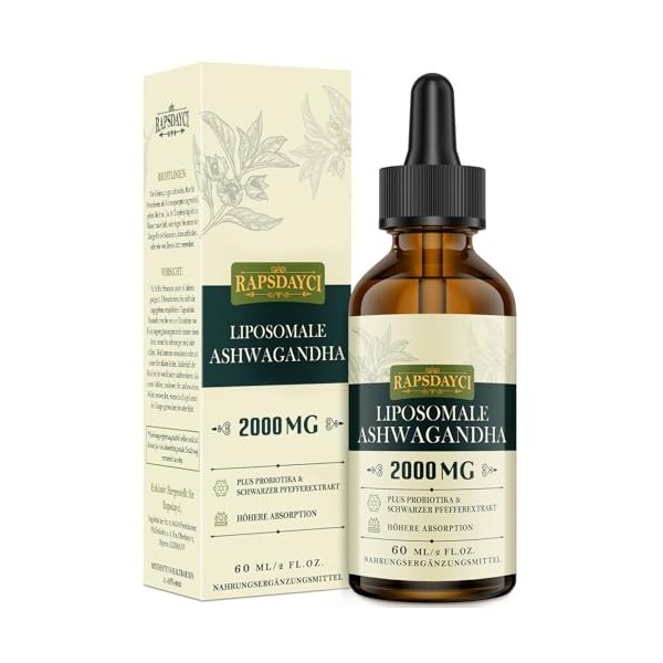 2000 mg Gouttes dAshwagandha Liposomales, 7% de Withanolides, Extrait pur de racine dAshwagandha Haute Résistance, Concentr